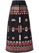 Vilshenko Ethnic Embroidery Mid Skirt, Women's, Size: 8, Black, Silk/wool