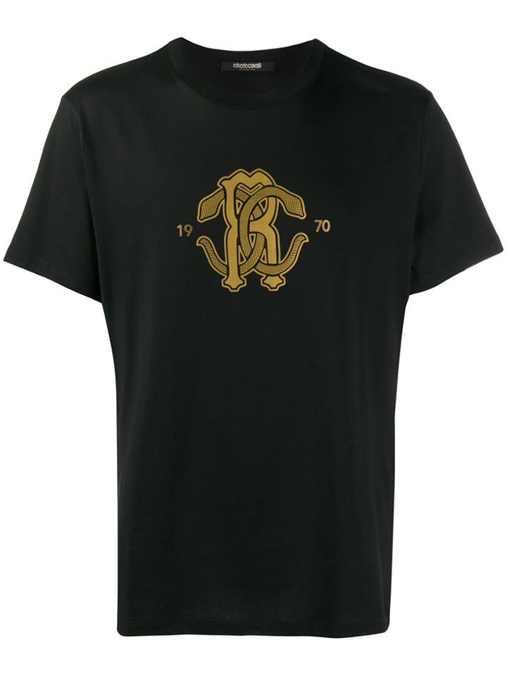 Roberto Cavalli Gold Logo Print T-shirt - Black