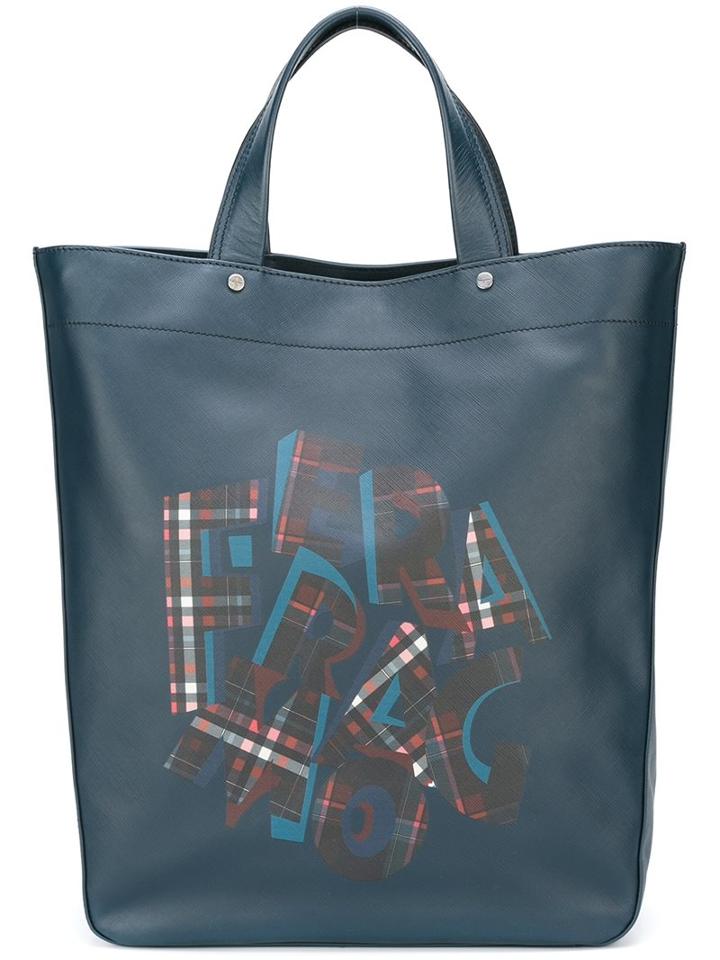 Salvatore Ferragamo Logo Print Tote, Men's, Blue, Calf Leather