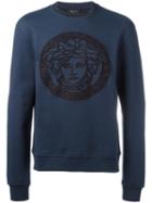 Versace Embroidered Medusa Sweatshirt, Men's, Size: Large, Blue, Cotton