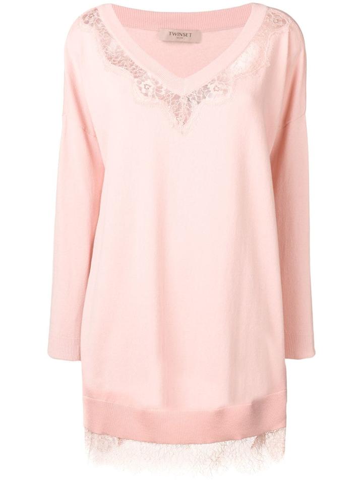 Twin-set Oversized Lace Panel Sweater - Neutrals