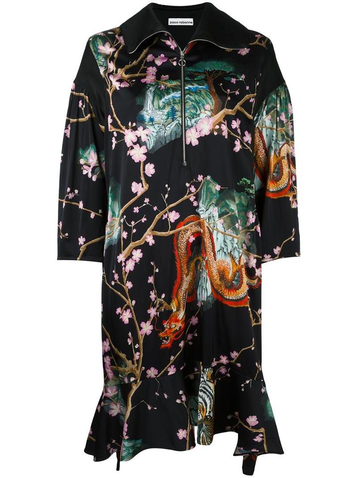 Paco Rabanne Dragon Print Kimono Dress, Women's, Size: 36, Black, Spandex/elastane/viscose