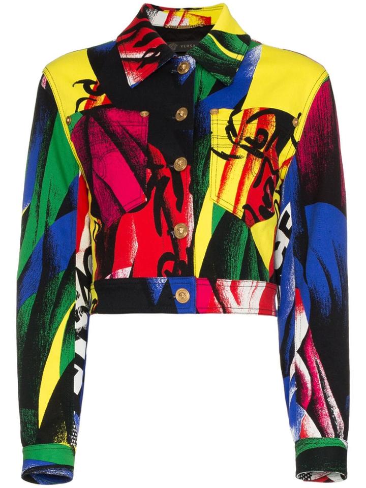 Versace Cropped Print Denim Jacket - Black