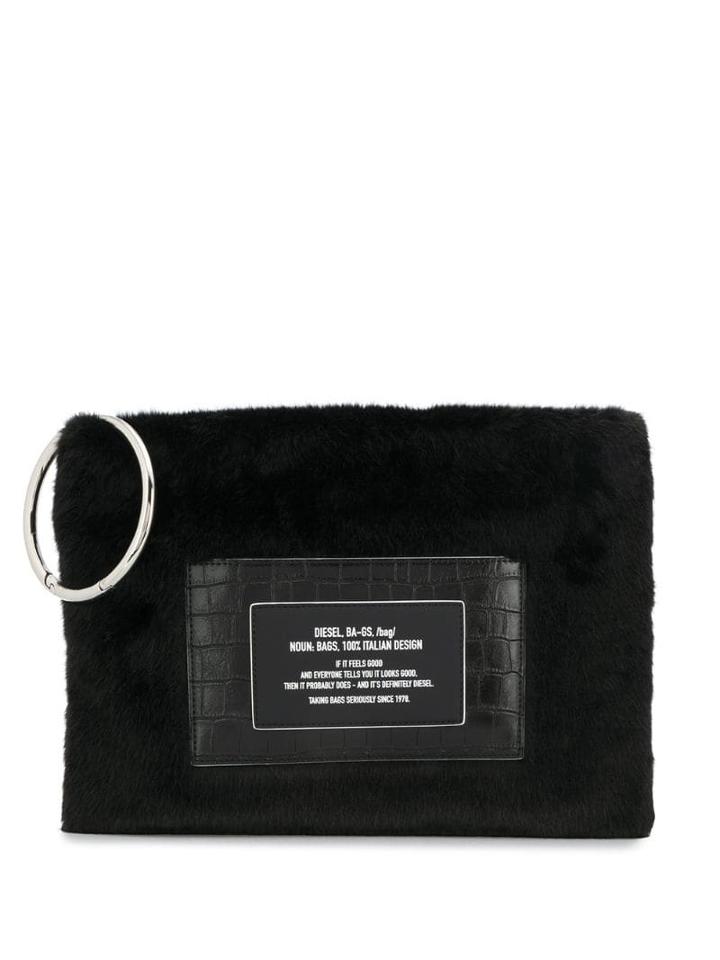 Diesel Faux-fur Clutch With Croc Detail - Black