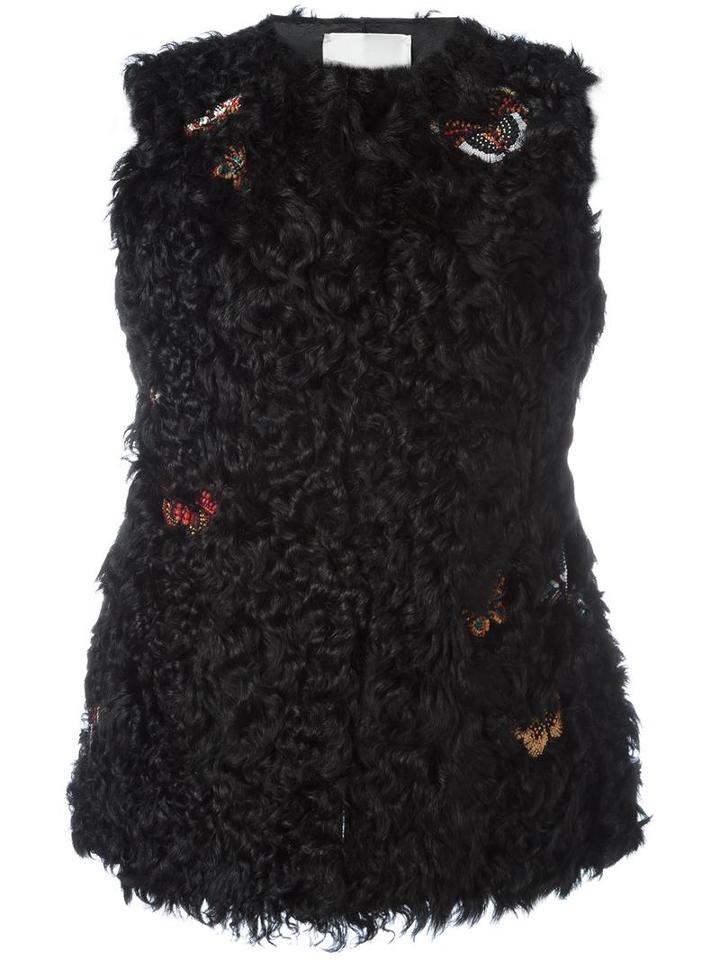 Valentino Embroidered Fur Gillet, Women's, Size: 40, Black, Lamb Fur/goat Skin/cotton/polyester