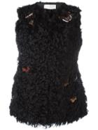 Valentino Embroidered Fur Gillet, Women's, Size: 40, Black, Lamb Fur/goat Skin/cotton/polyester