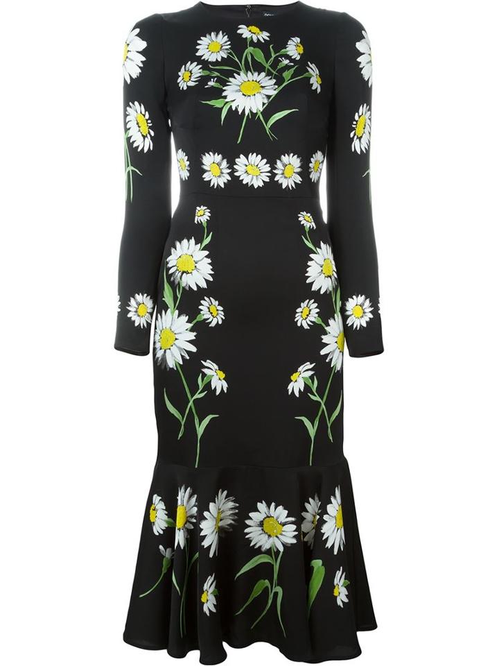 Dolce & Gabbana Daisy Print Dress, Women's, Size: 36, Black, Silk/spandex/elastane
