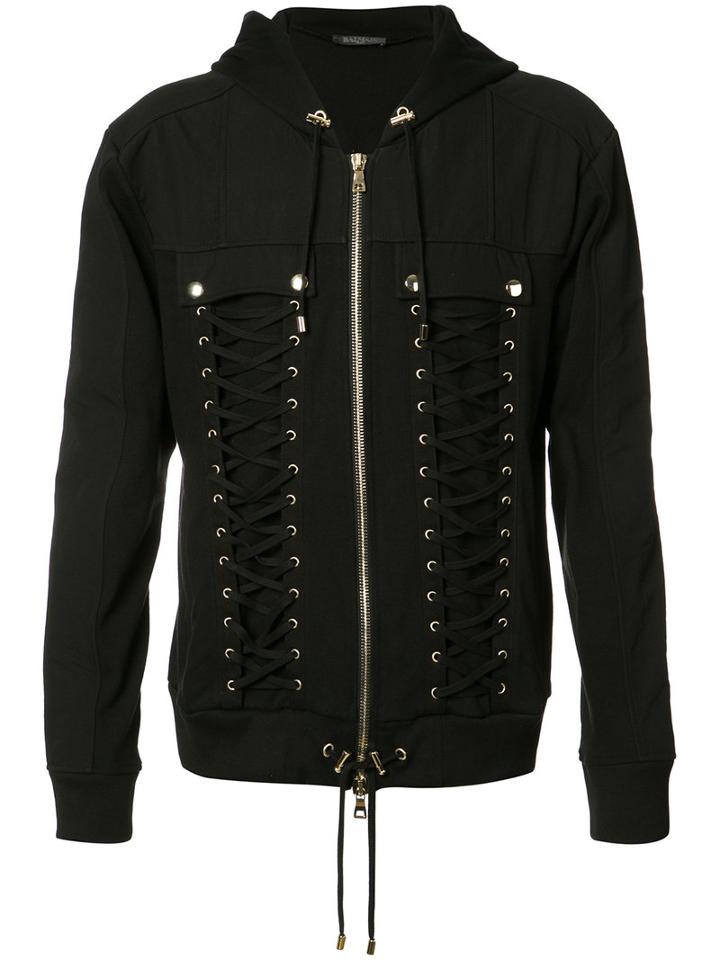 Balmain Lace-up Zipped Hoodie, Men's, Size: Xl, Black, Cotton