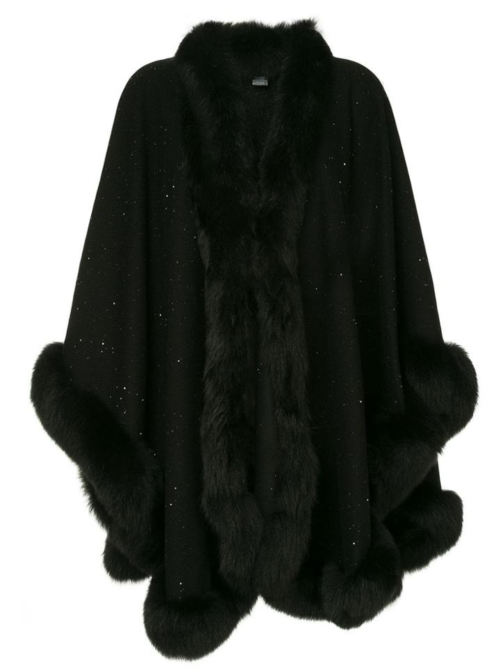 Sofia Cashmere Fur Trimmed Knitted Poncho - Black