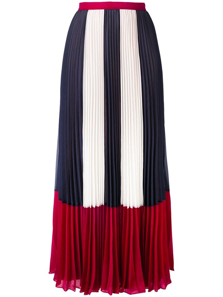Red Valentino - Stripe Panel Pleated Skirt - Women - Polyester - 42, Blue, Polyester