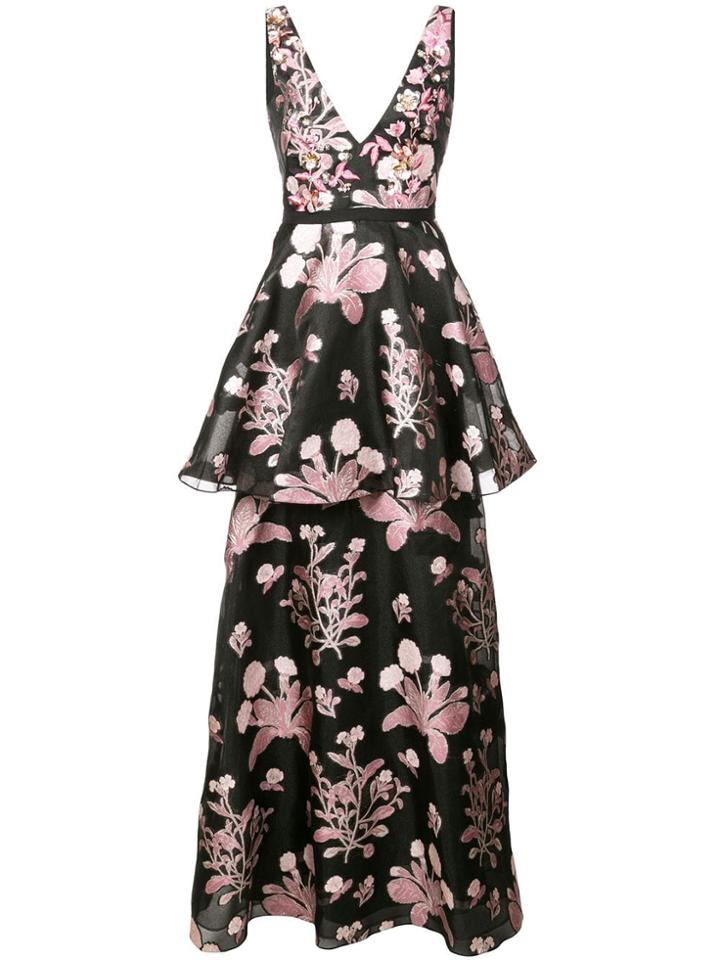 Marchesa Notte Embellished Floral Sleeveless Gown - Black