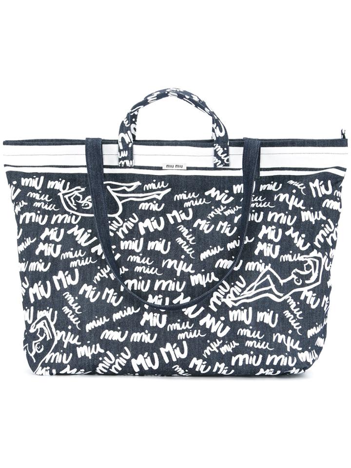 Miu Miu Logo Printed Tote Bag - Blue
