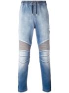 Balmain Denim Biker Track Pants, Men's, Size: Large, Blue, Cotton/spandex/elastane