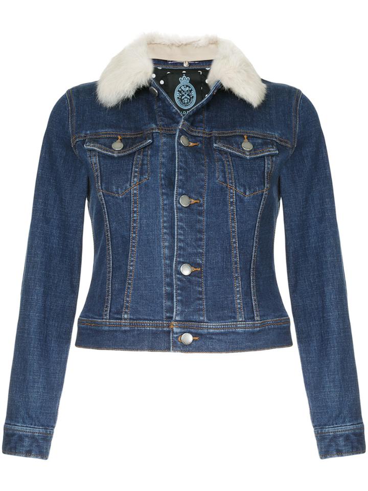 Guild Prime Faux Fur Collar Cropped Denim Jacket - Blue