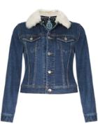Guild Prime Faux Fur Collar Cropped Denim Jacket - Blue