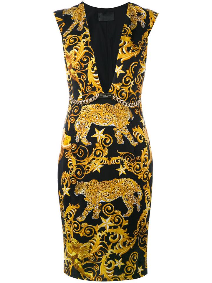 Philipp Plein - Baroque Plunge Neck Shift Dress - Women - Polyamide/spandex/elastane/cupro - M, Women's, Black, Polyamide/spandex/elastane/cupro