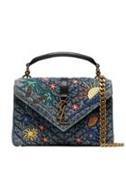 Saint Laurent Blue College Embroidered Denim Shoulder Bag