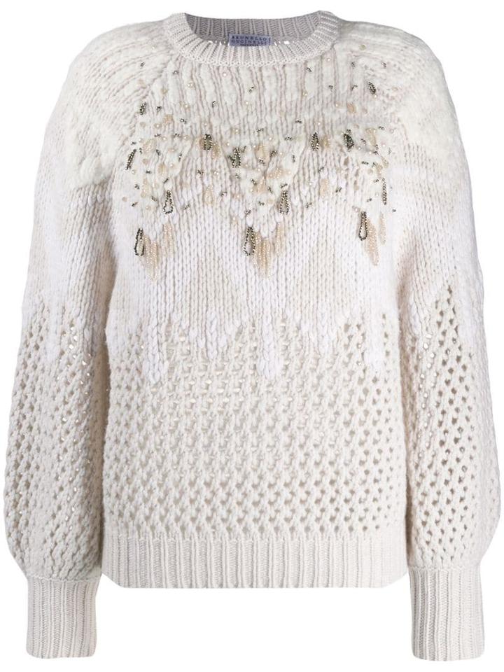 Brunello Cucinelli Embellished Knit Sweater - Neutrals