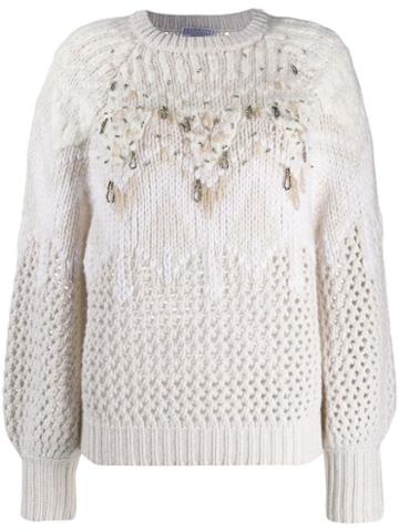 Brunello Cucinelli Embellished Knit Sweater - Neutrals