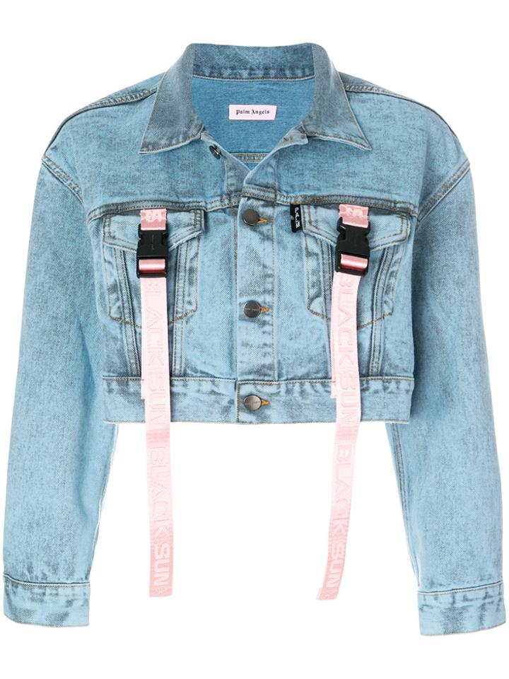 Palm Angels Buckle Strap Cropped Denim Jacket - Blue