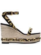Versace Tribute Fabric Ankle Strap Straw Wedges - Black