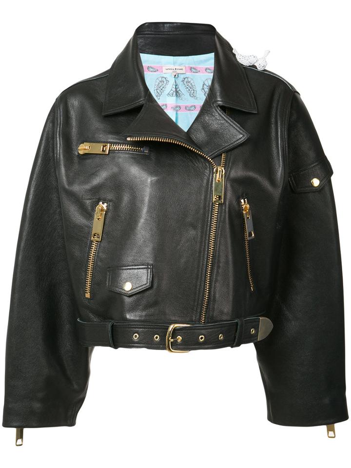 Natasha Zinko - Oversized Cropped Biker Jacket - Women - Leather - 38, Women's, Black, Leather