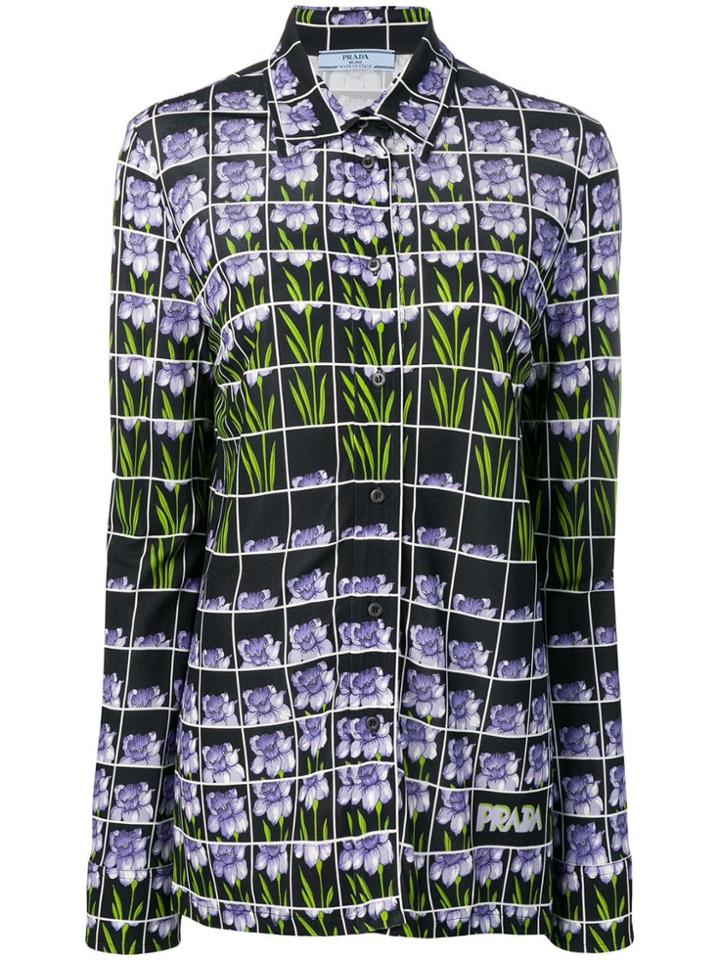 Prada Floral Grid Print Blouse - Blue
