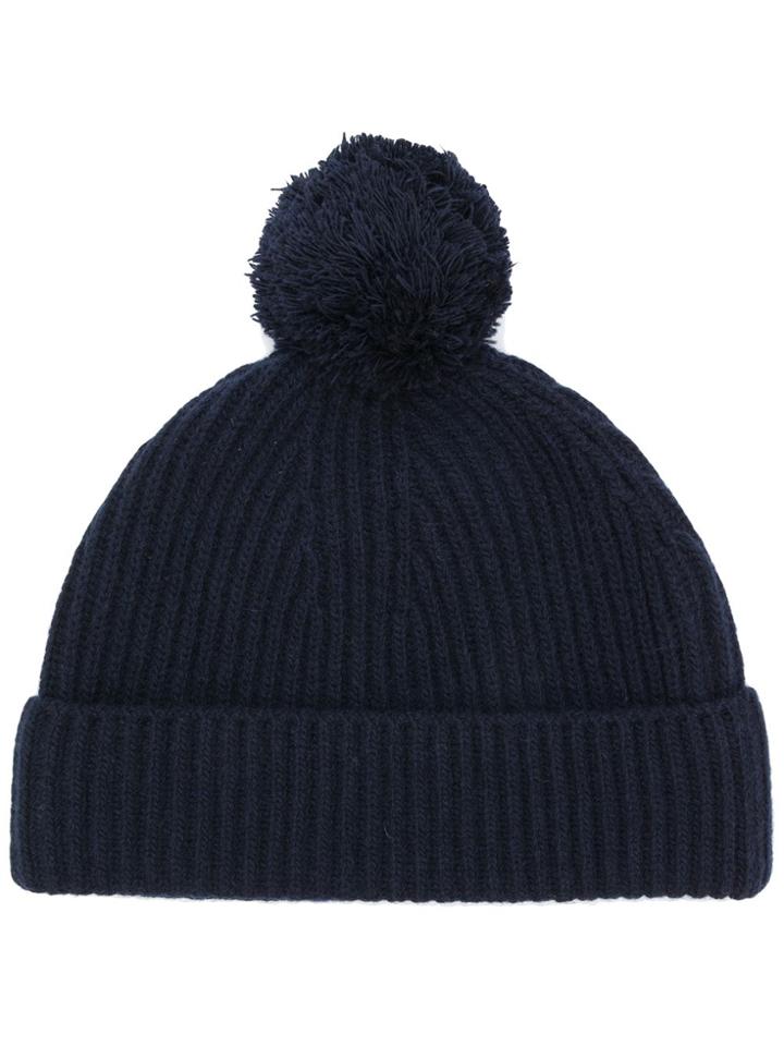 Closed Ribbed Pompom Hat - Blue