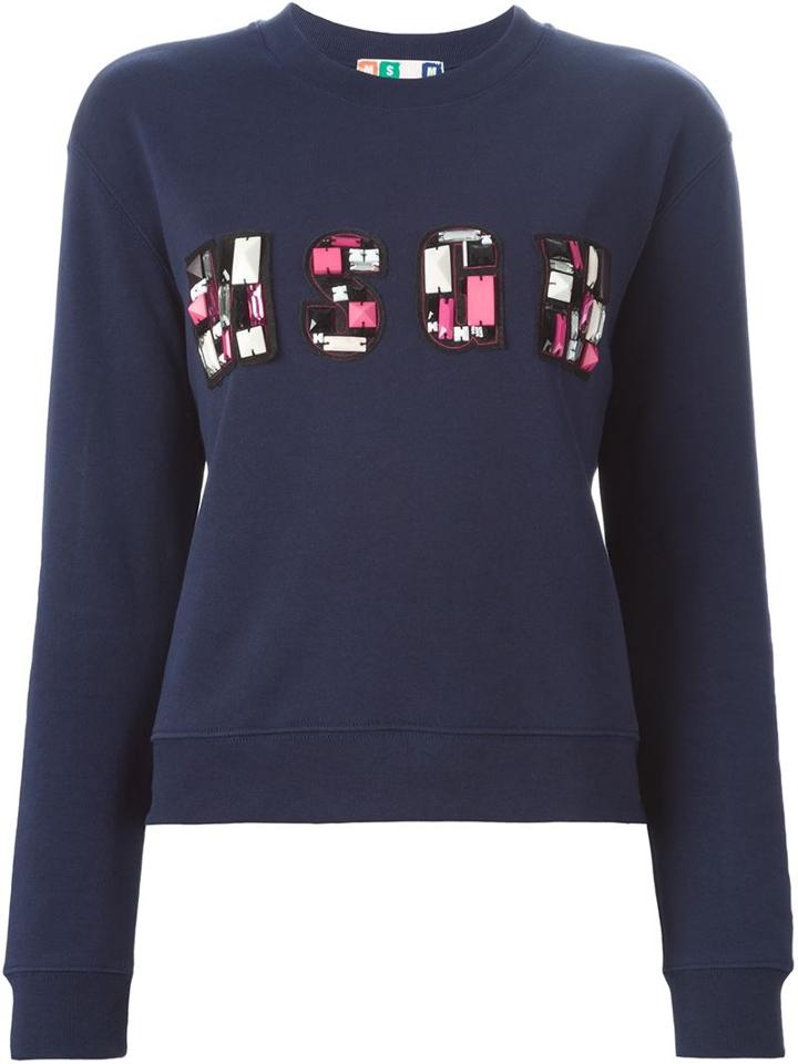 Msgm Embellished Logo Sweatshirt, Women's, Size: M, Blue, Cotton/acrylic/resin