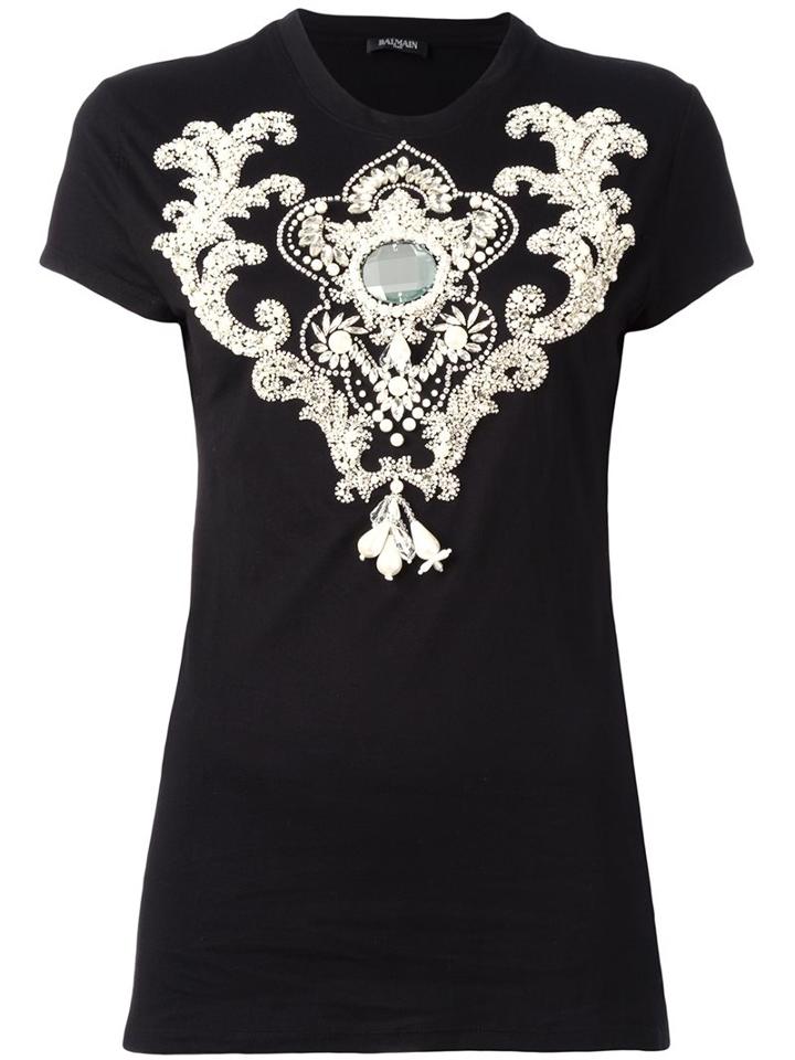 Balmain Embellished Stone T-shirt, Women's, Size: 40, Black, Cotton/acrylic/brass/glass