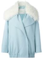 Adam Lippes Lamb Fur Collar Jacket, Women's, Size: Small, Blue, Silk/cotton/polyester/lamb Fur