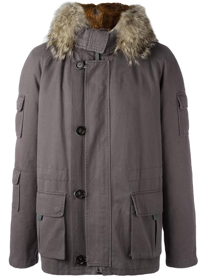 Yves Salomon Homme Inset Detail Parka Coat, Men's, Size: 46, Grey, Cotton/rabbit Fur/acrylic/coyote Fur