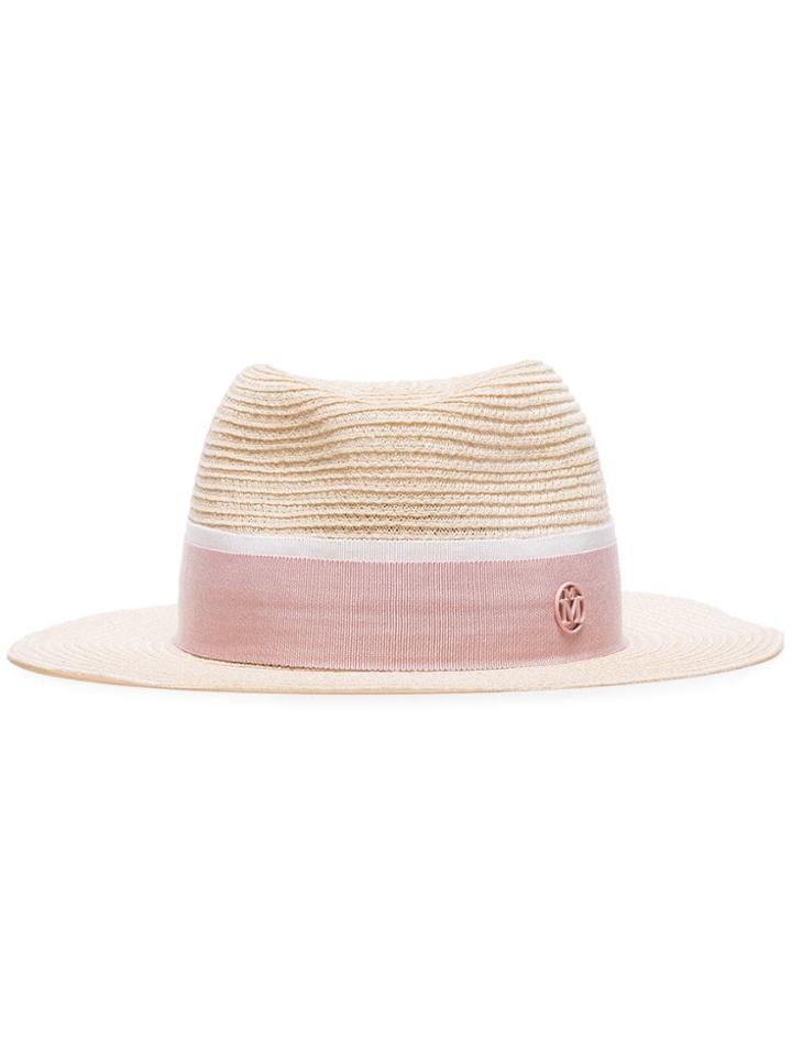 Maison Michel Pink Logo Embellished Straw Hat - Neutrals