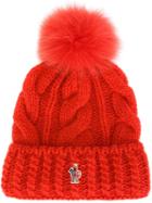 Moncler Grenoble Cable Knit Pompom Beanie, Women's, Red, Wool/acrylic/alpaca/mink Fur
