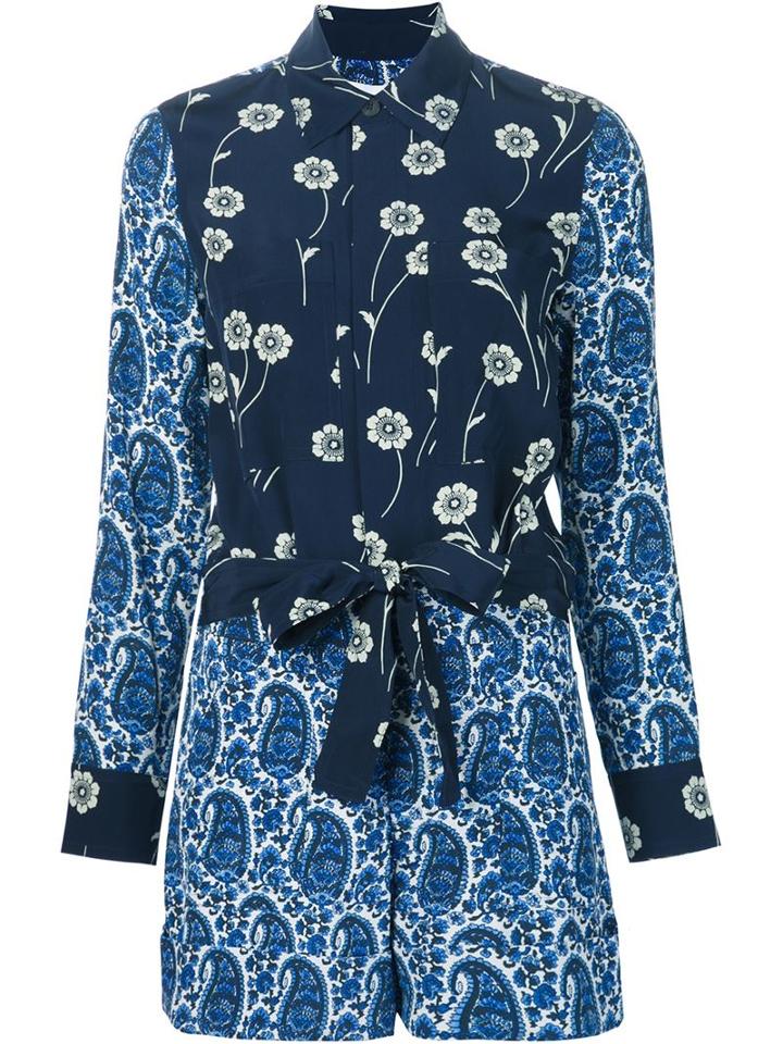 Derek Lam 10 Crosby Printed Belted Playsuit, Women's, Size: 4, Blue, Silk