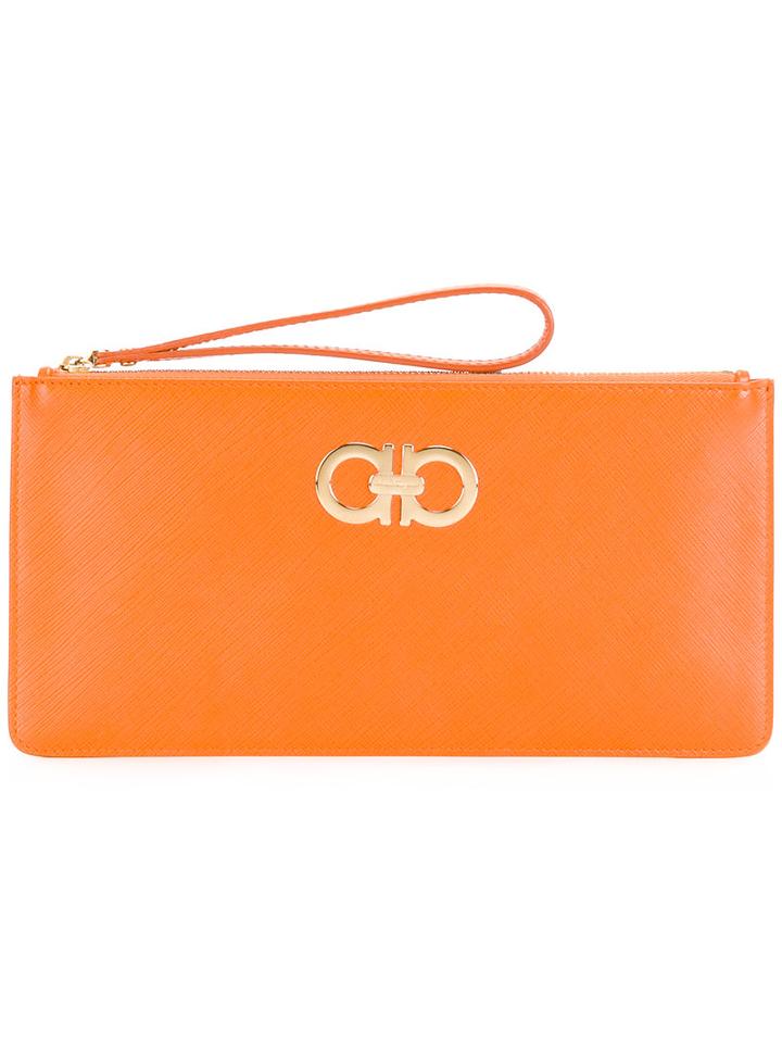Salvatore Ferragamo Double Gancio Clutch, Women's, Yellow/orange, Leather/brass
