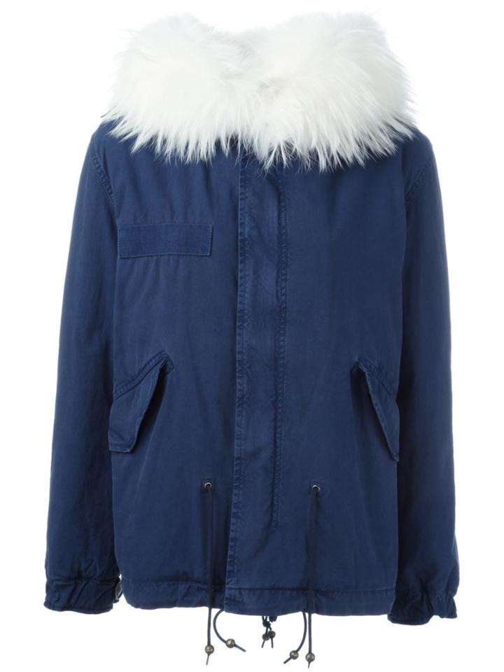 Mr & Mrs Italy Raccoon Fur Trim Jacket, Women's, Size: Medium, Blue, Cotton/acrylic/polyamide/polyester