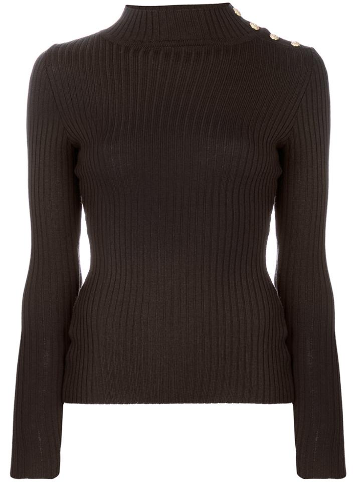 Balmain Button-embellished Ribbed Jumper - Brown