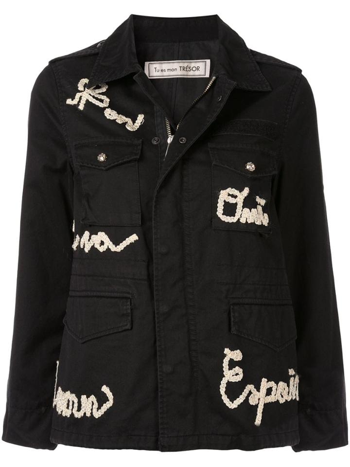Tu Es Mon Trésor Ribbon Message M65 Military Jacket - Black