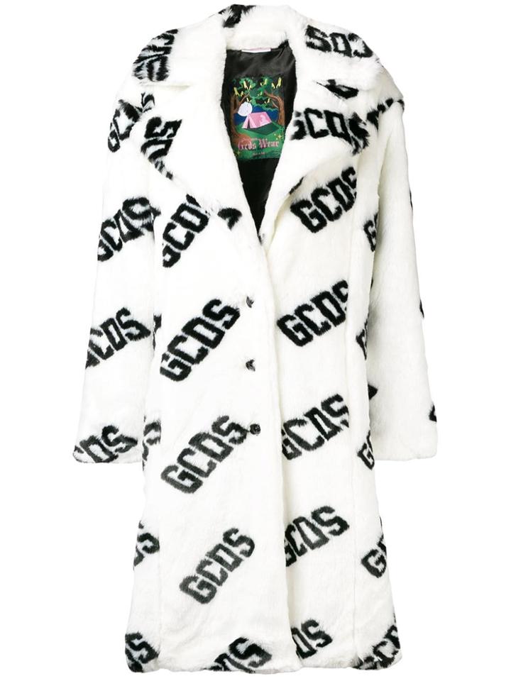 Gcds Logo Print Faux Fur Coat - White