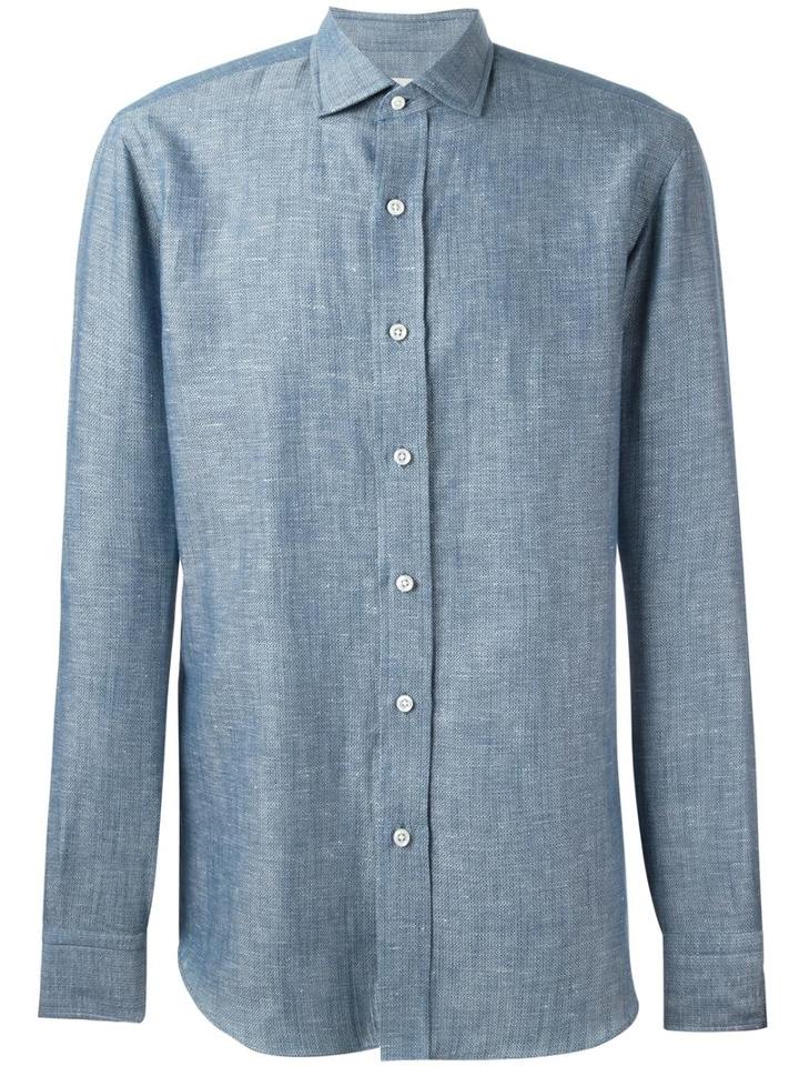 Salvatore Piccolo Sport Shirt, Men's, Size: 40, Blue, Cotton/linen/flax