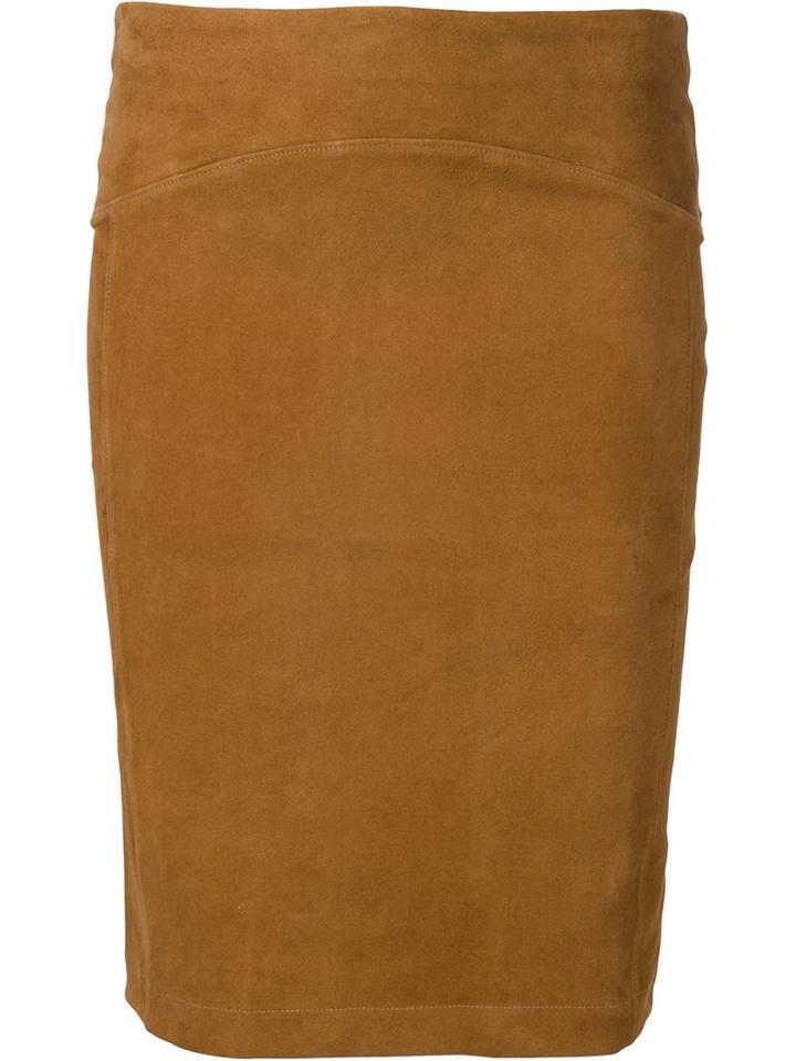Getting Back To Square One Suede Pencil Skirt, Women's, Size: Medium, Brown, Lamb Skin/spandex/elastane