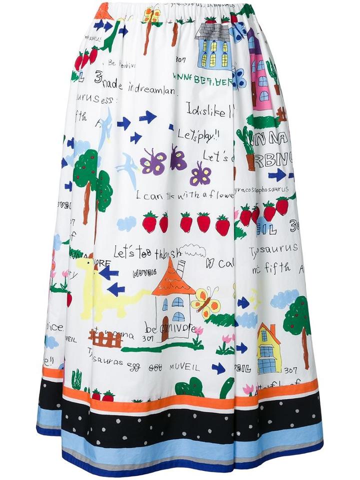 Muveil Printed Full Skirt, Women's, Size: 40, White, Cotton