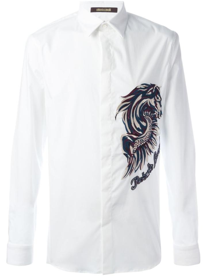 Roberto Cavalli 'pegasus' Embroidered Shirt, Men's, Size: 40, White, Cotton/spandex/elastane/viscose