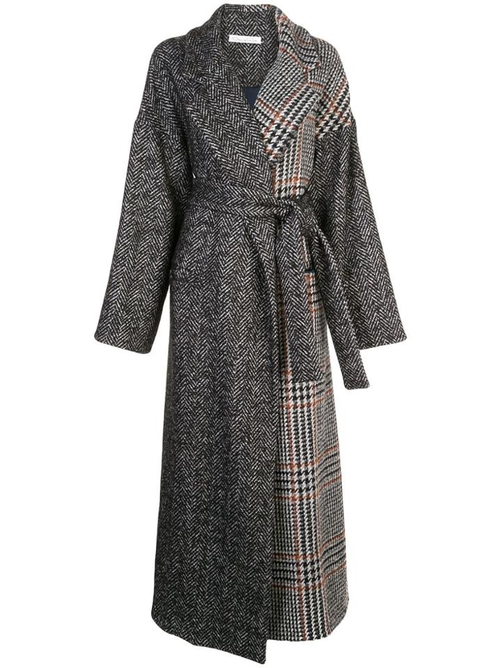 Oscar De La Renta Mixed Check Belted Coat - Black