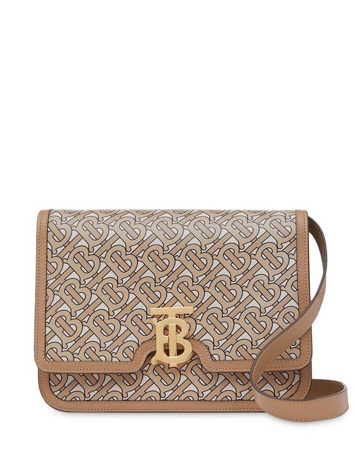 Burberry Medium Monogram Print Leather Tb Bag - Neutrals