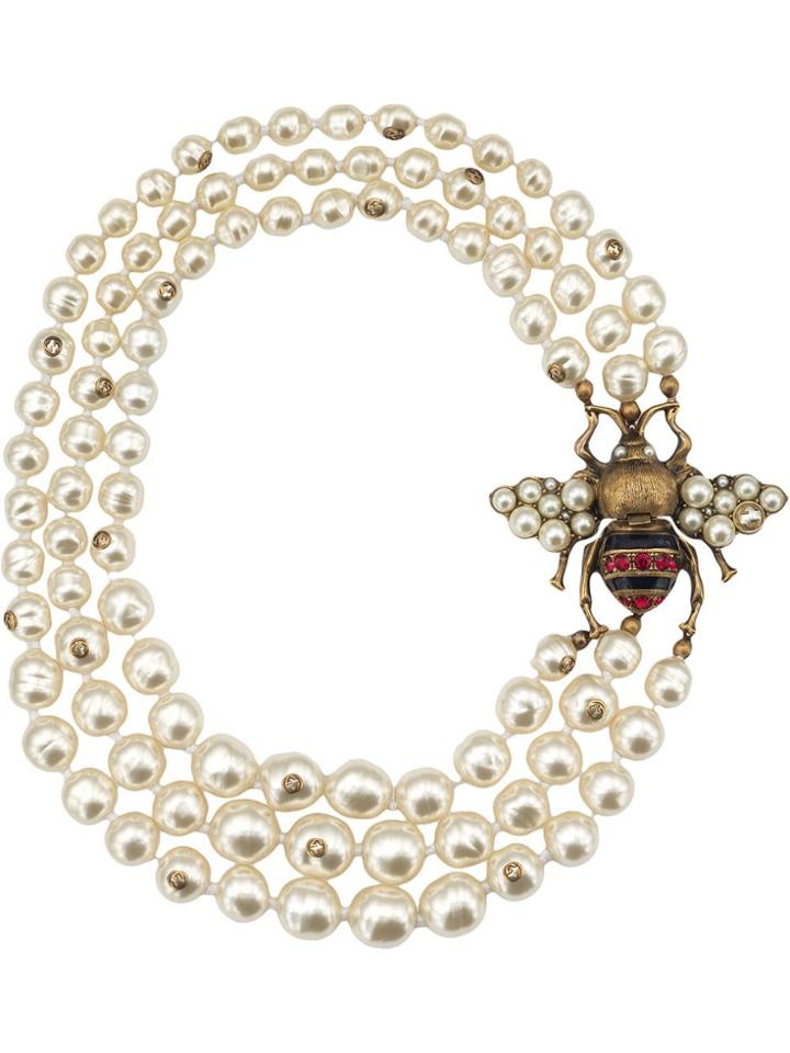 Gucci Glass Pearl Necklace With Bee - White