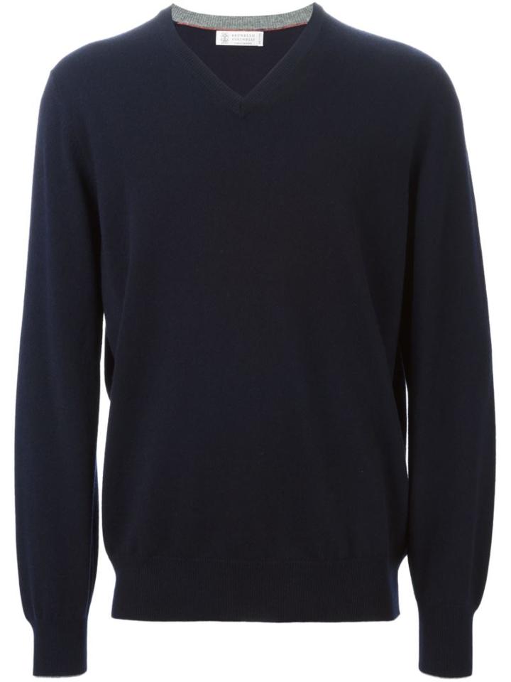 Brunello Cucinelli Cashmere V-neck Jumper, Men's, Size: 52, Blue, Cashmere