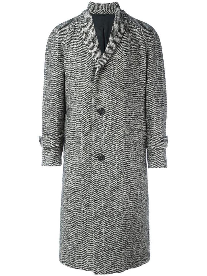 Wooster + Lardini Herringbone Shawl Lapel Coat, Men's, Size: 52, Black, Viscose/cotton/wool