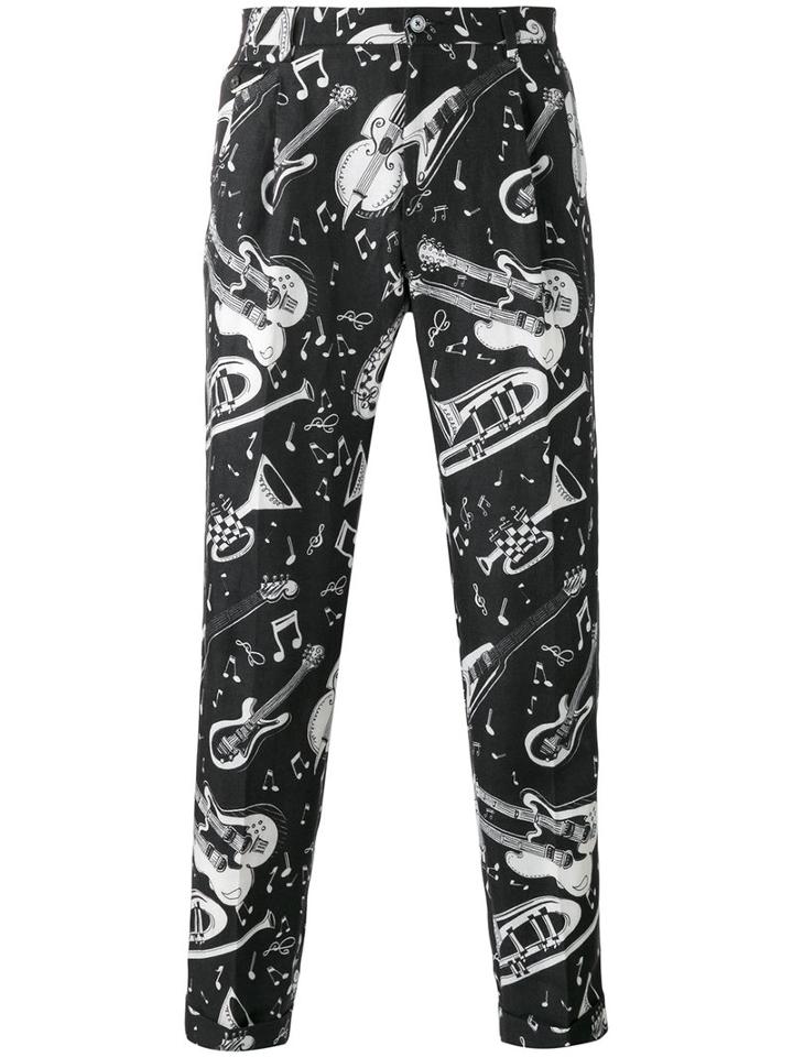 Dolce & Gabbana Jazz Print Cropped Trousers, Men's, Size: 46, Black, Linen/flax